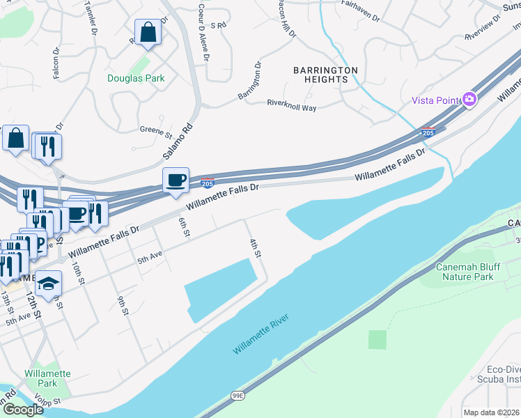 map of restaurants, bars, coffee shops, grocery stores, and more near 2725 Willamette Falls Drive in West Linn