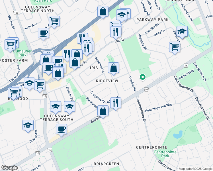 map of restaurants, bars, coffee shops, grocery stores, and more near 2357 Sheldon Avenue in Ottawa
