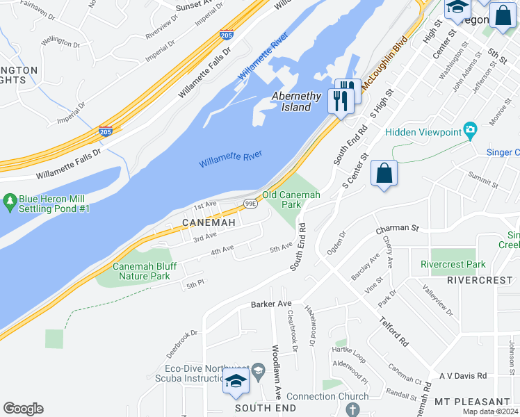 map of restaurants, bars, coffee shops, grocery stores, and more near 205 3rd Avenue in Oregon City
