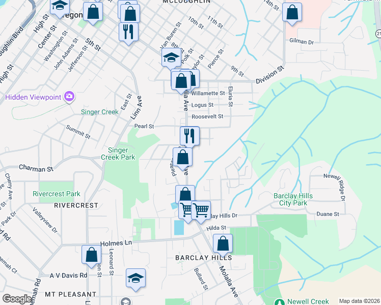 map of restaurants, bars, coffee shops, grocery stores, and more near 503 Molalla Avenue in Oregon City