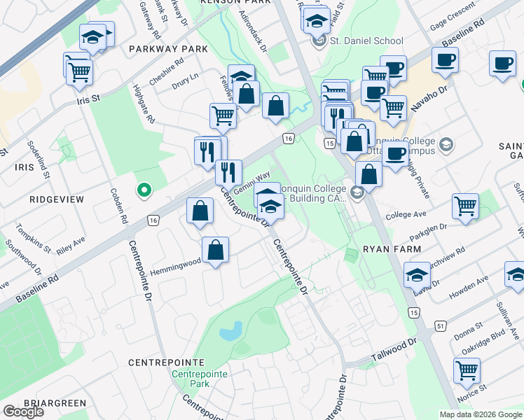 map of restaurants, bars, coffee shops, grocery stores, and more near 19 Centrepointe Drive in Ottawa