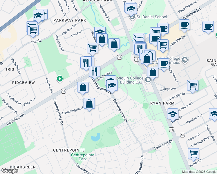 map of restaurants, bars, coffee shops, grocery stores, and more near 19 Centrepointe Drive in Ottawa