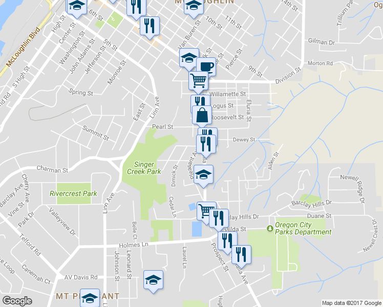 map of restaurants, bars, coffee shops, grocery stores, and more near 414 Pleasant Avenue in Oregon City
