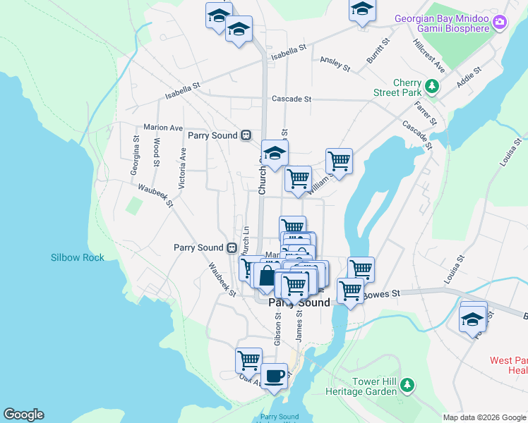 map of restaurants, bars, coffee shops, grocery stores, and more near in Parry Sound