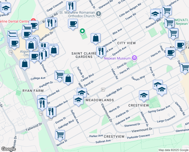 map of restaurants, bars, coffee shops, grocery stores, and more near in Ottawa