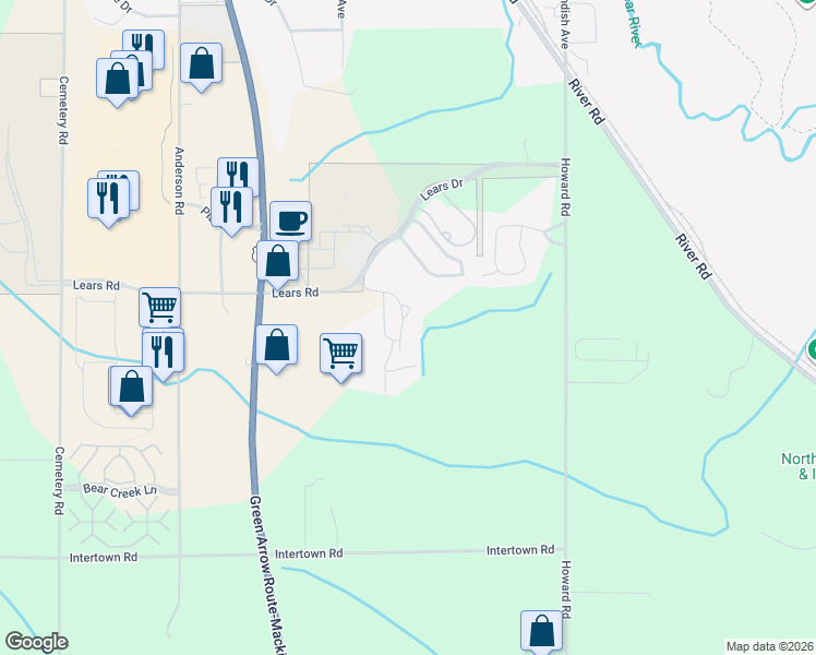 map of restaurants, bars, coffee shops, grocery stores, and more near 2023 Woods Ln in Petoskey