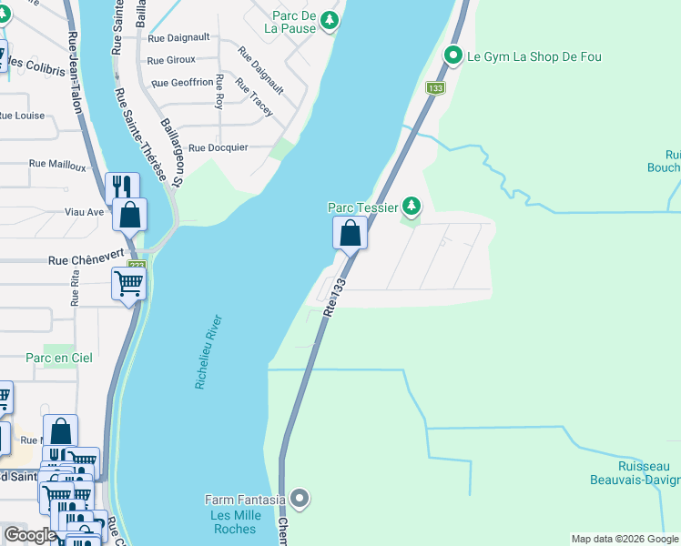 map of restaurants, bars, coffee shops, grocery stores, and more near 48 Rue Jacqueline in Saint-Jean-sur-Richelieu
