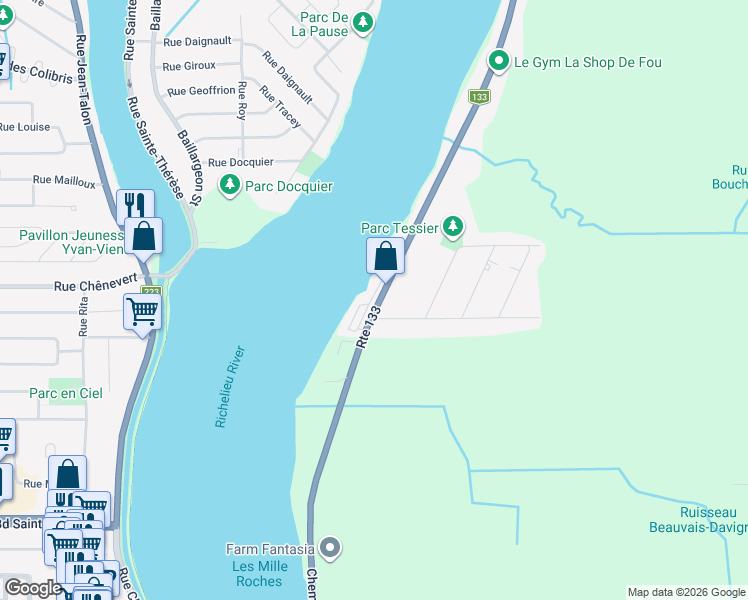 map of restaurants, bars, coffee shops, grocery stores, and more near 48 Rue Jacqueline in Saint-Jean-sur-Richelieu