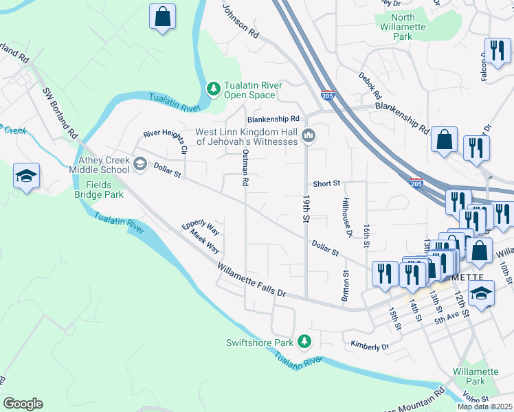 map of restaurants, bars, coffee shops, grocery stores, and more near 1130 Dollar Street in West Linn