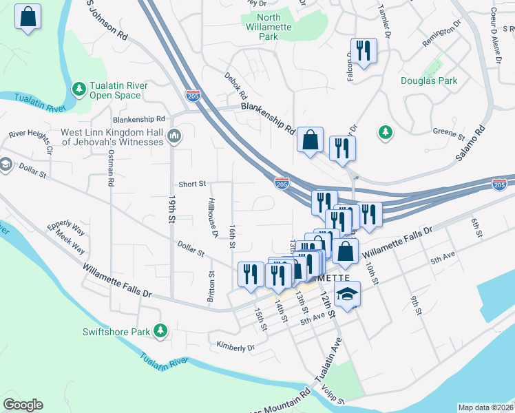 map of restaurants, bars, coffee shops, grocery stores, and more near 1733 Jamie Circle in West Linn