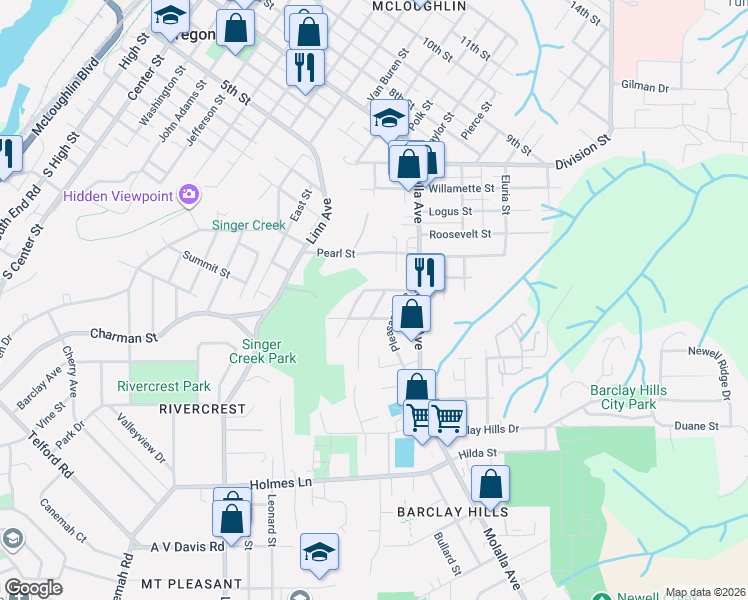 map of restaurants, bars, coffee shops, grocery stores, and more near 412 Dimick Street in Oregon City