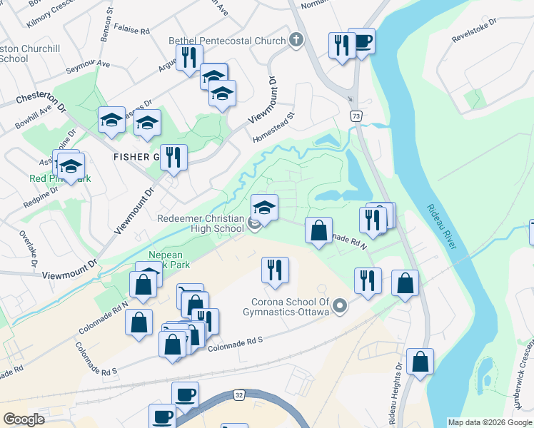 map of restaurants, bars, coffee shops, grocery stores, and more near 355 Citiplace Drive in Ottawa