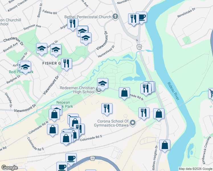 map of restaurants, bars, coffee shops, grocery stores, and more near 355 Citiplace Drive in Ottawa