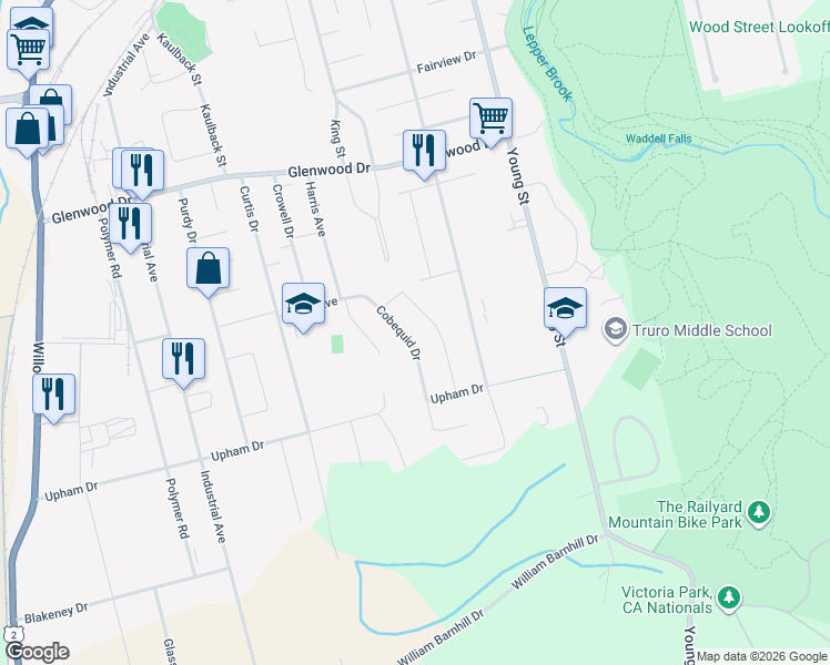 map of restaurants, bars, coffee shops, grocery stores, and more near 57 Cobequid Drive in Truro