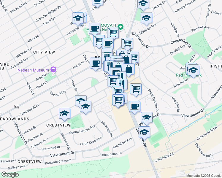 map of restaurants, bars, coffee shops, grocery stores, and more near 14 Norice Street in Ottawa