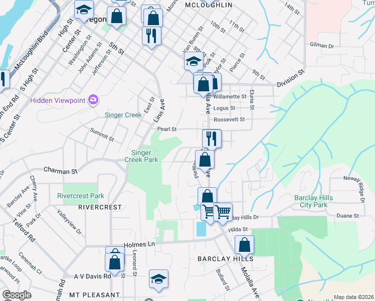 map of restaurants, bars, coffee shops, grocery stores, and more near 365 Caufield Street in Oregon City