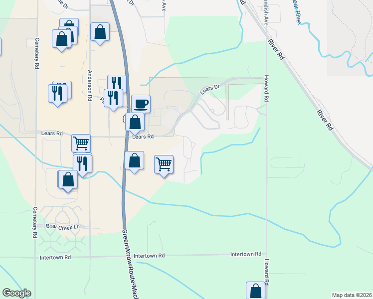 map of restaurants, bars, coffee shops, grocery stores, and more near 2075 Woods Lane in Petoskey