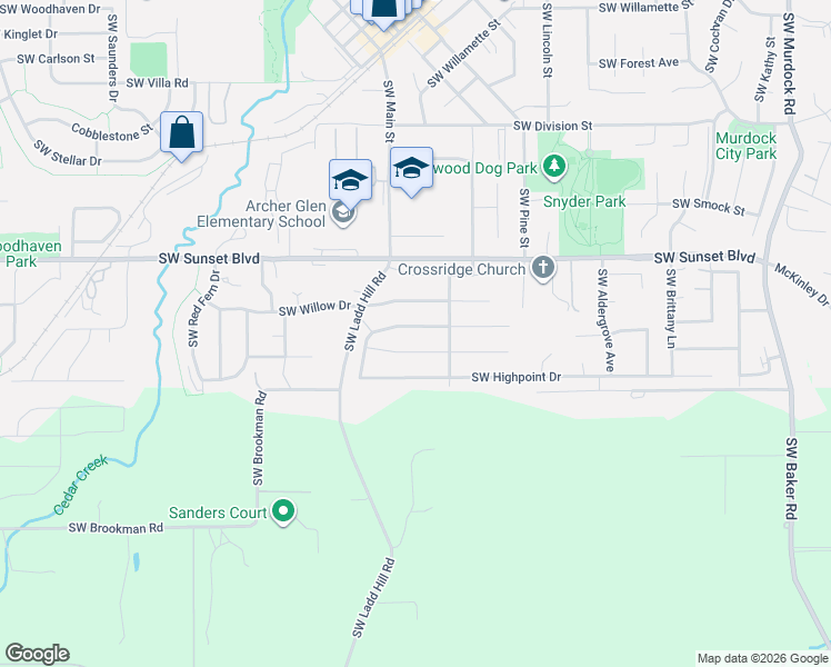 map of restaurants, bars, coffee shops, grocery stores, and more near 15874 Southwest Bowmen Lane in Sherwood