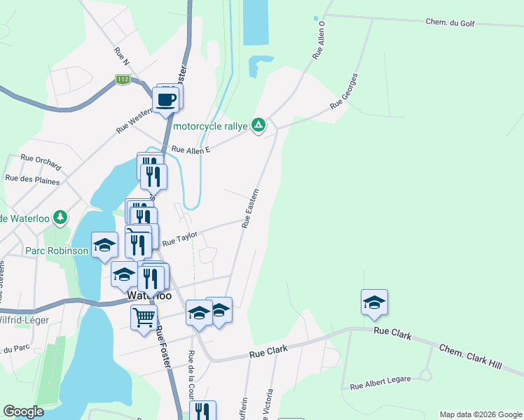 map of restaurants, bars, coffee shops, grocery stores, and more near 600 Rue Eastern in Waterloo