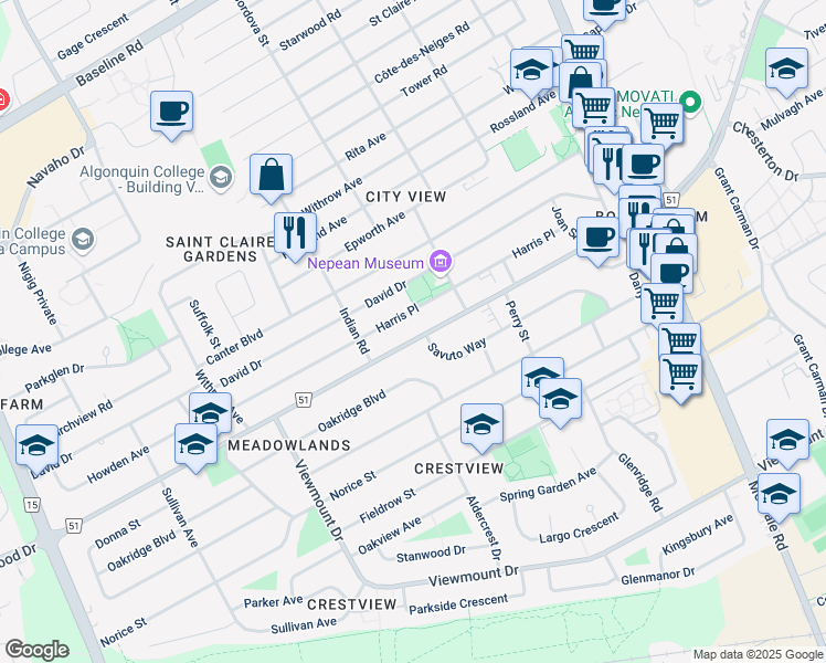 map of restaurants, bars, coffee shops, grocery stores, and more near 61 Meadowlands Drive West in Ottawa