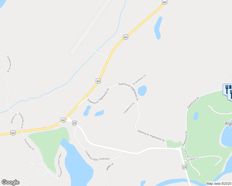 map of restaurants, bars, coffee shops, grocery stores, and more near 20 Deerhurst Highlands Drive in Huntsville