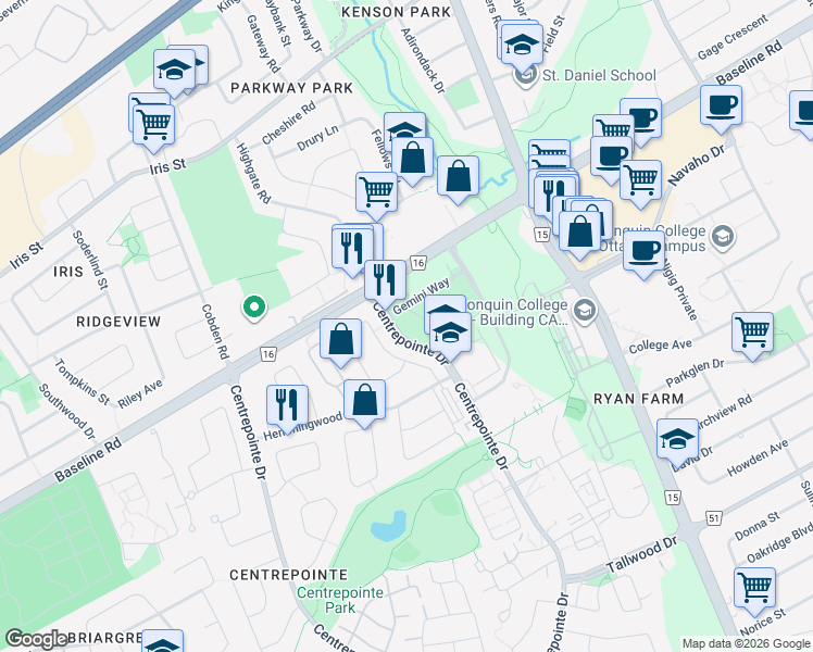 map of restaurants, bars, coffee shops, grocery stores, and more near in Nepean