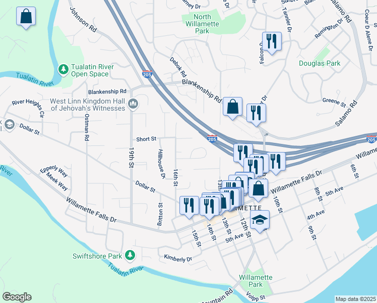 map of restaurants, bars, coffee shops, grocery stores, and more near 1750 Jamie Circle in West Linn