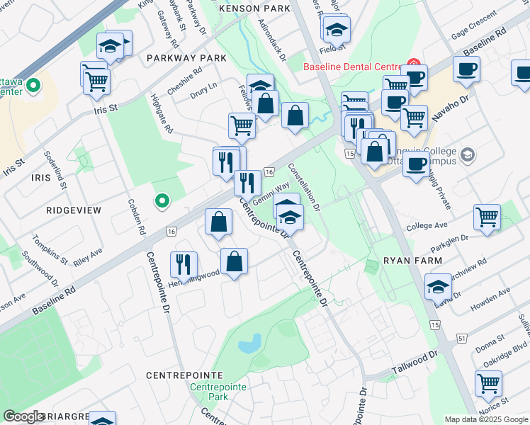 map of restaurants, bars, coffee shops, grocery stores, and more near in Nepean