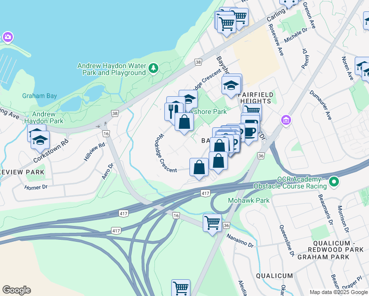 map of restaurants, bars, coffee shops, grocery stores, and more near 75 Woodridge Crescent in Ottawa