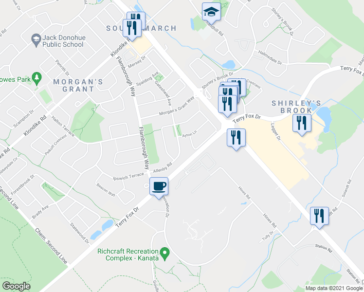 map of restaurants, bars, coffee shops, grocery stores, and more near 19 Allenby Road in Ottawa