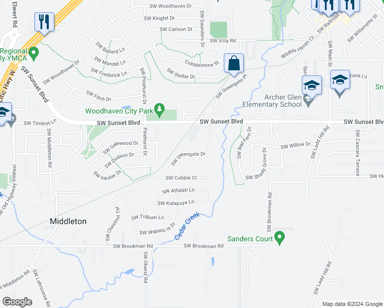 map of restaurants, bars, coffee shops, grocery stores, and more near 17199 Southwest Greengate Drive in Sherwood