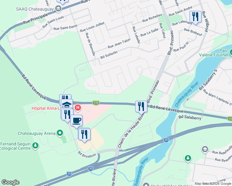 map of restaurants, bars, coffee shops, grocery stores, and more near 150 Rue Albert-Seers in Châteauguay