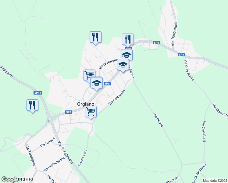 map of restaurants, bars, coffee shops, grocery stores, and more near 30 Via Cesare Caliari in Orgiano