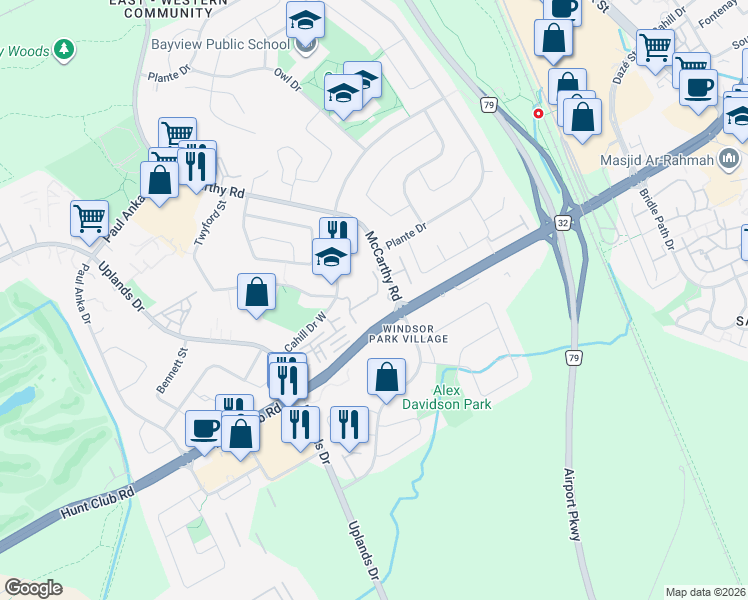 map of restaurants, bars, coffee shops, grocery stores, and more near 860 Cahill Drive West in Ottawa