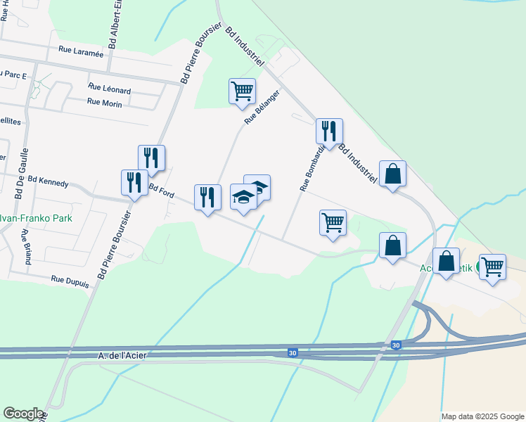 map of restaurants, bars, coffee shops, grocery stores, and more near 830 Boulevard Ford in Châteauguay