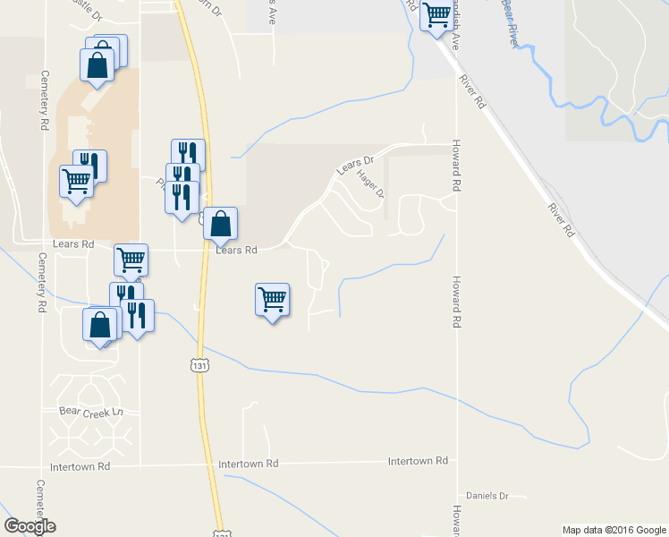 map of restaurants, bars, coffee shops, grocery stores, and more near 2023 Woods Lane in Petoskey