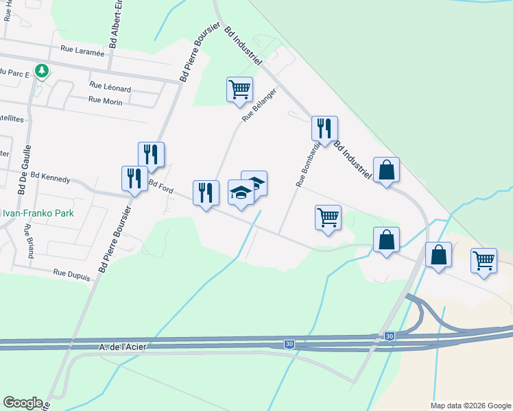 map of restaurants, bars, coffee shops, grocery stores, and more near 830 Boulevard Ford in Châteauguay