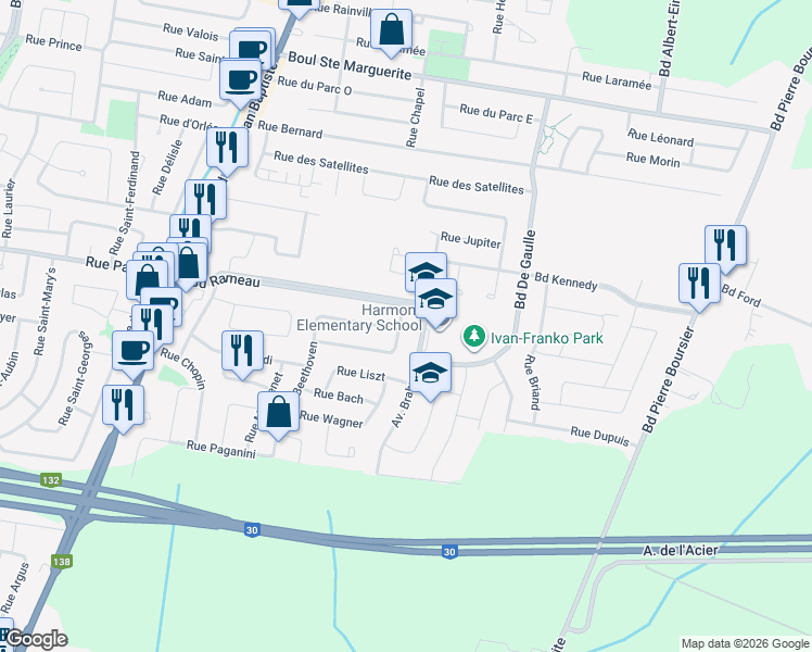 map of restaurants, bars, coffee shops, grocery stores, and more near 136 Rue Schubert in Châteauguay