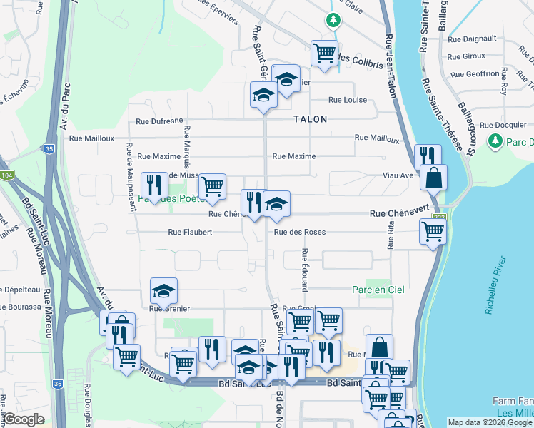 map of restaurants, bars, coffee shops, grocery stores, and more near Rue Chênevert in Saint-Jean-sur-Richelieu