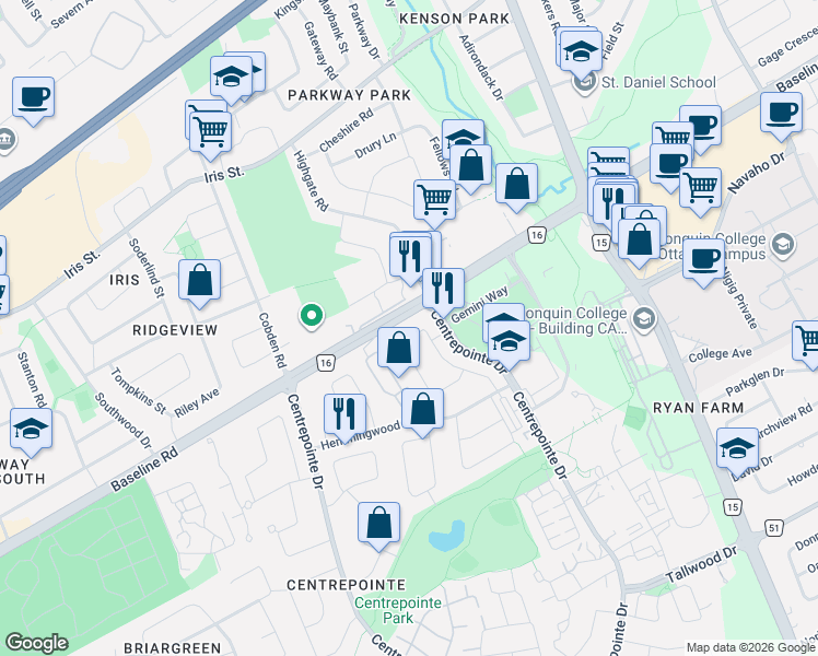 map of restaurants, bars, coffee shops, grocery stores, and more near 121 Thornbury Crescent in Ottawa