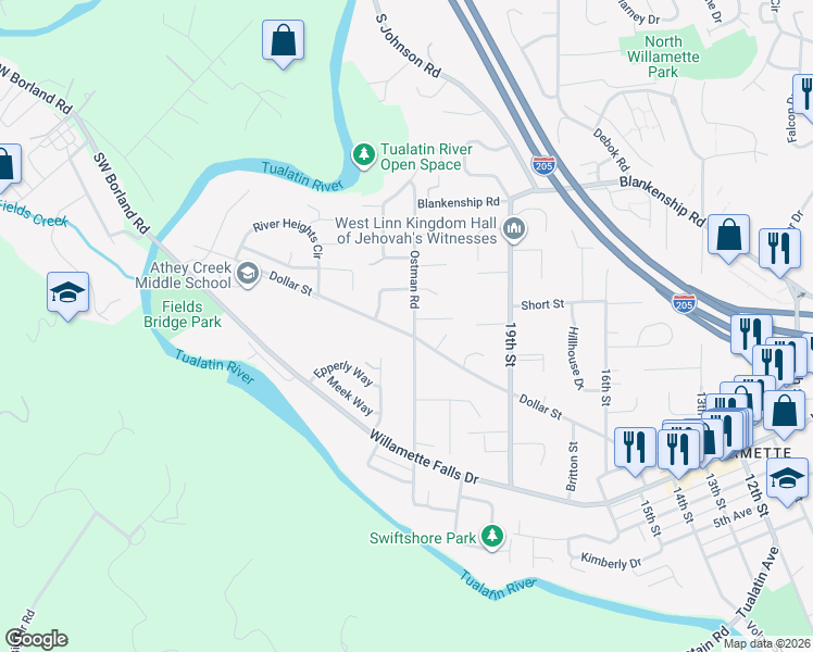 map of restaurants, bars, coffee shops, grocery stores, and more near 2032 Ostman Rd in West Linn