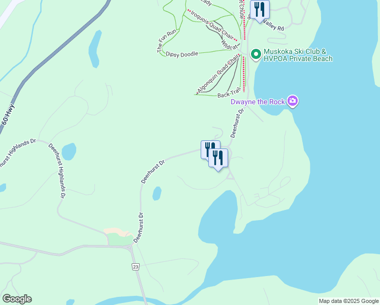 map of restaurants, bars, coffee shops, grocery stores, and more near Deerhurst Drive in Huntsville