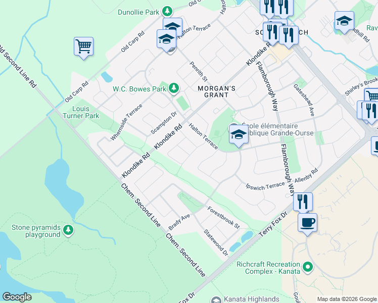 map of restaurants, bars, coffee shops, grocery stores, and more near 20 Peikoff Crescent in Ottawa