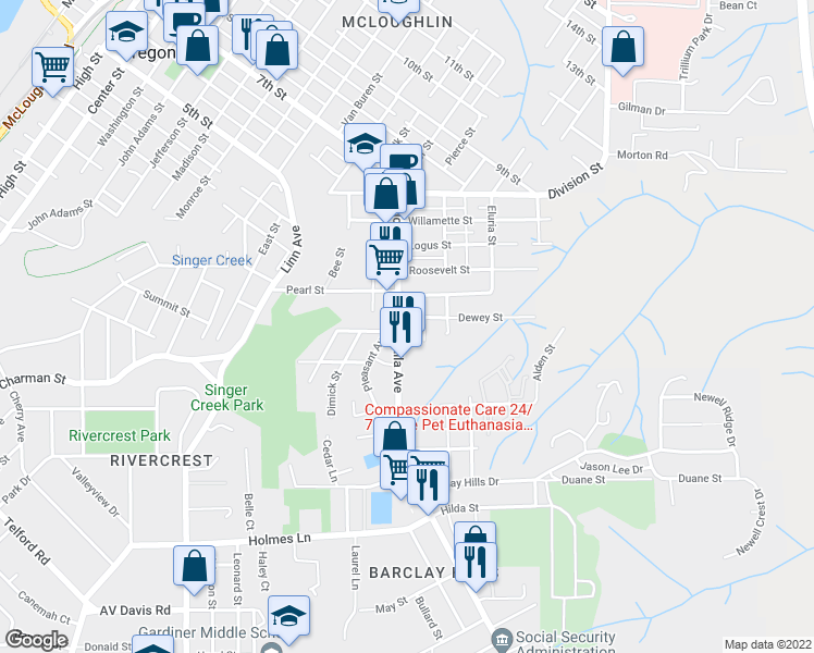 map of restaurants, bars, coffee shops, grocery stores, and more near 405 Molalla Avenue in Oregon City
