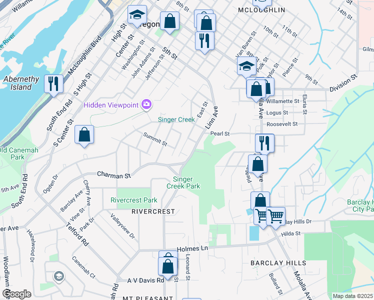 map of restaurants, bars, coffee shops, grocery stores, and more near 149 Linn Avenue in Oregon City