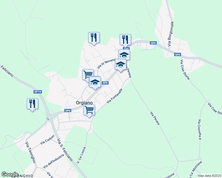 map of restaurants, bars, coffee shops, grocery stores, and more near 30 Via Cesare Caliari in Orgiano