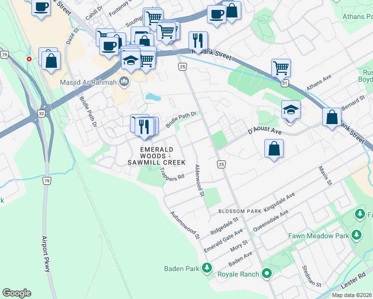 map of restaurants, bars, coffee shops, grocery stores, and more near 1370 Brampton Road in Ottawa