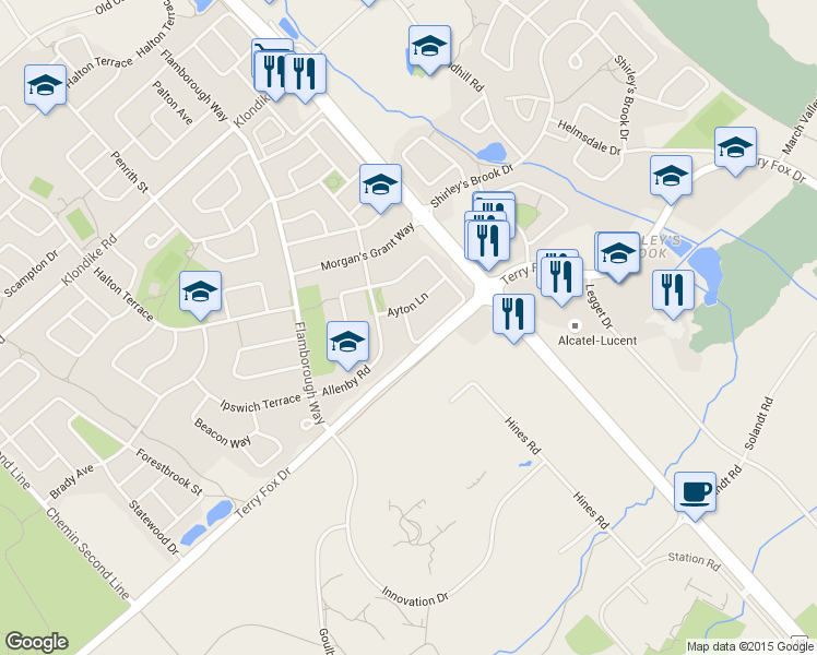 map of restaurants, bars, coffee shops, grocery stores, and more near 138 Acklam Terrace in Ottawa