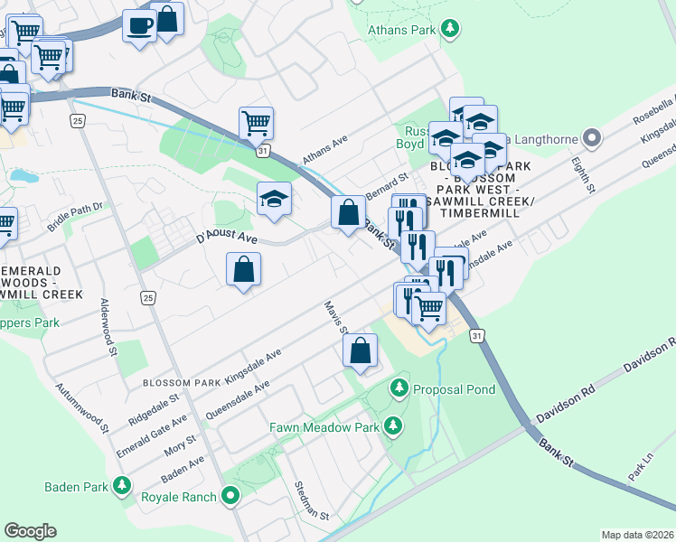 map of restaurants, bars, coffee shops, grocery stores, and more near 3103 Armada Avenue in Ottawa