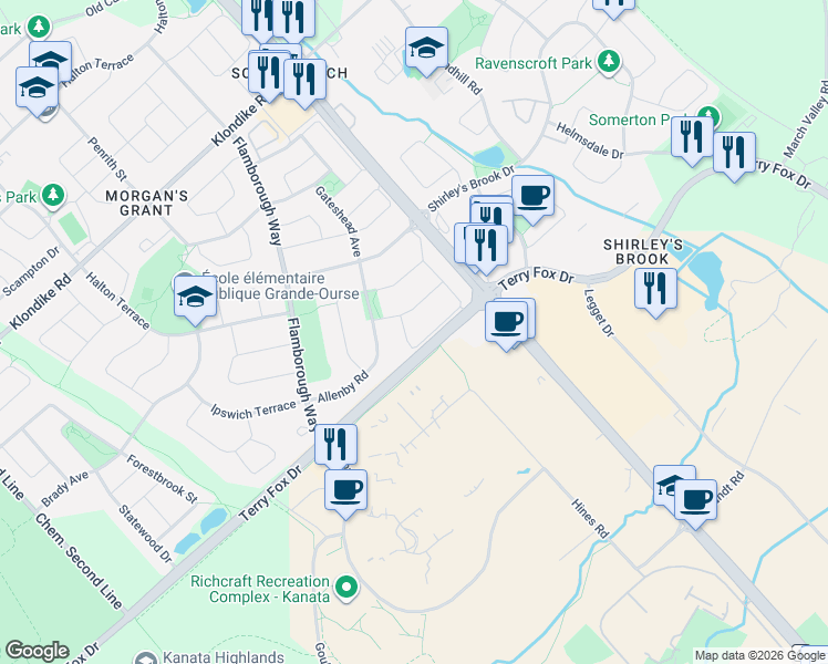 map of restaurants, bars, coffee shops, grocery stores, and more near 138 Acklam Terrace in Ottawa